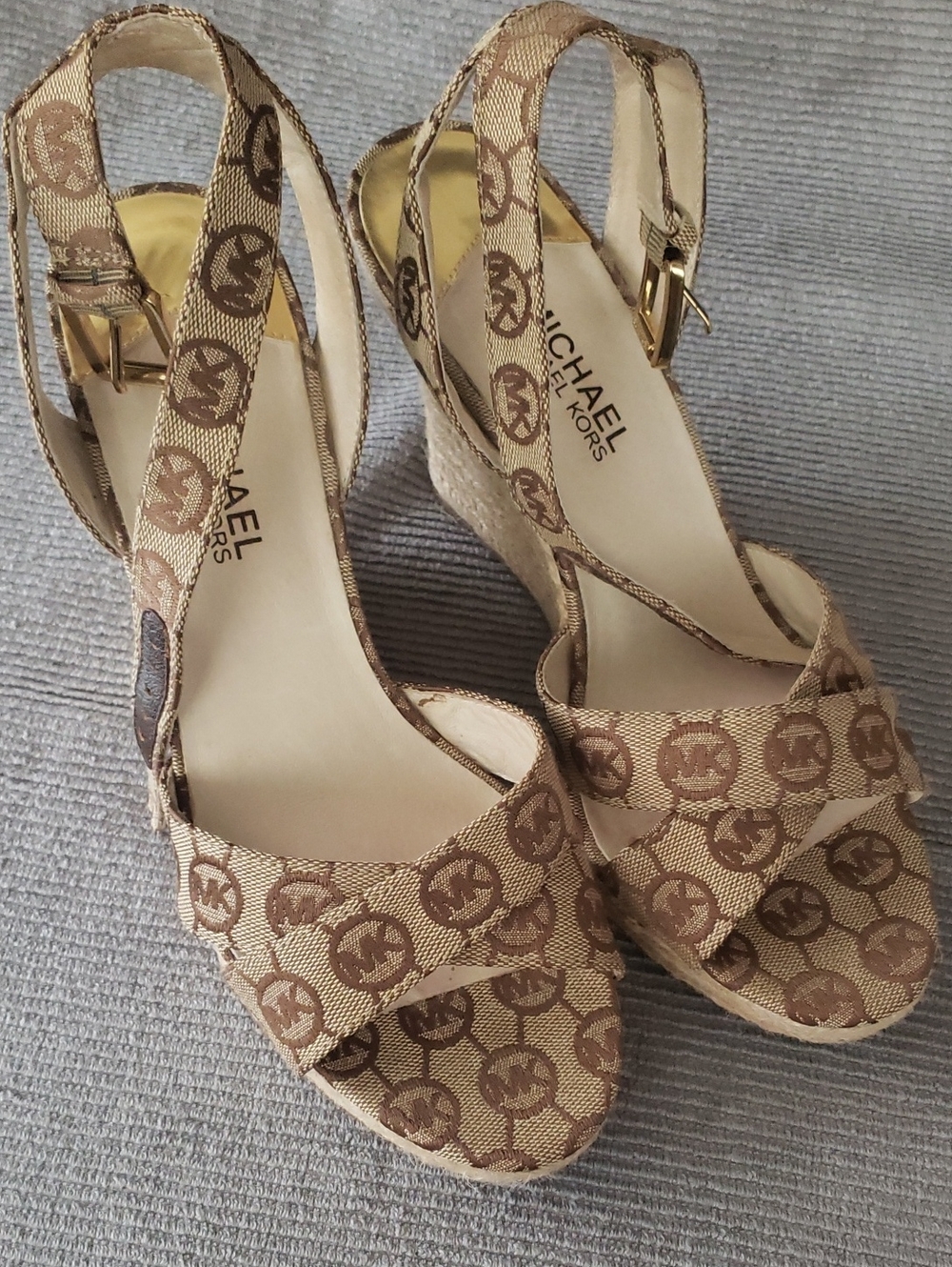 Michael Kors Brown Logo Espadrille Wedge Sandals